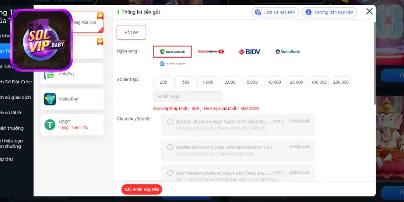 Hướng dẫn quy trình thao tác để nạp tiền tại SOCVIP